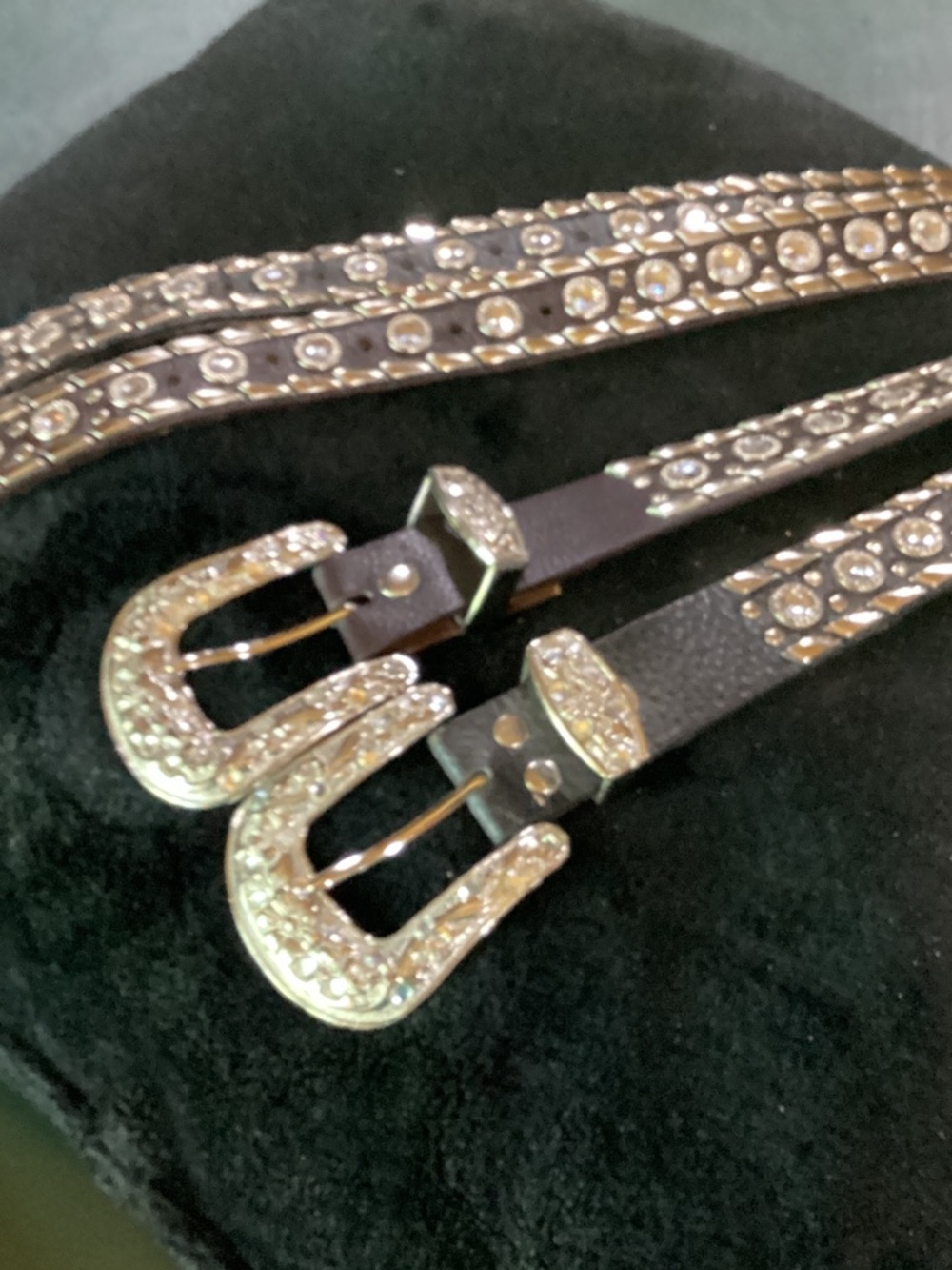 Black Western-Style Women's Belt with Gold-Tone Crystal Buckle